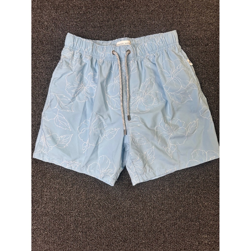 Vintage Summer Mens Light Blue Embroidered Hibiscus Floral Swim Trunks Small